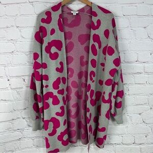 Pink Gray Leopard Print Women's Sweater long length open front cardigan size PXL